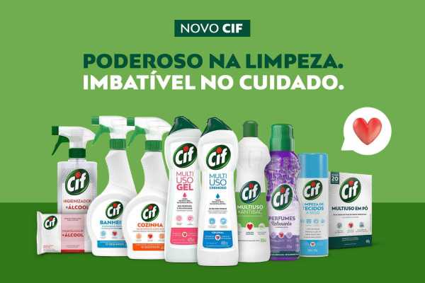 Produtos de limpeza da marca CIF, incluindo sprays e géis multiuso, com o slogan "Poderoso na limpeza. Imbatível no cuidado." em fundo verde.
