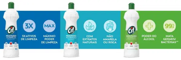 Garrafas de limpador multiuso Cif destacando diferentes características como poder de limpeza 3x, extratos naturais e eliminação de germes e bactérias.