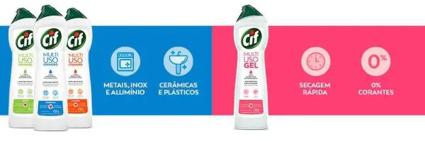 Produtos de limpeza da marca CIF, incluindo três frascos de limpador multiuso para metais, inox e alumínio, e cerâmicas e plásticos, e um frasco de limpador em gel com secagem rápida e sem corantes.