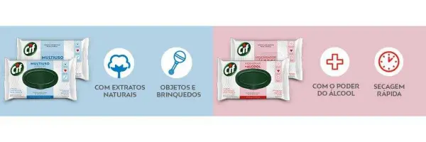 Lenços umedecidos de limpeza com extratos naturais e álcool, destacando uso múltiplo, adequados para objetos e brinquedos, secagem rápida.