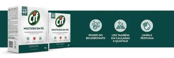 Embalagens de detergente em pó multiuso CIF com informações do produto e ícones de uso recomendado.