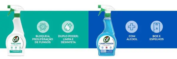 Duas garrafas de produtos de limpeza da marca CIF, uma para remover limo e outra para limpar vidros.