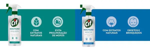 Duas embalagens de spray de limpeza multiuso da marca Cif, com ícones e textos destacando características como uso em vários tipos de superfícies, contendo extratos naturais e prevenindo mofo, sendo um específico para objetos e brinquedos.