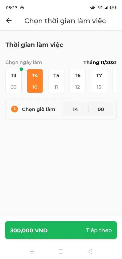 Màn hình điện thoại hiển thị ứng dụng lựa chọn thời gian và ngày làm việc với mức giá 300,000 VND.