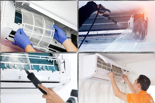 Bốn hình ảnh về quá trình vệ sinh và bảo dưỡng điều hòa không khí.