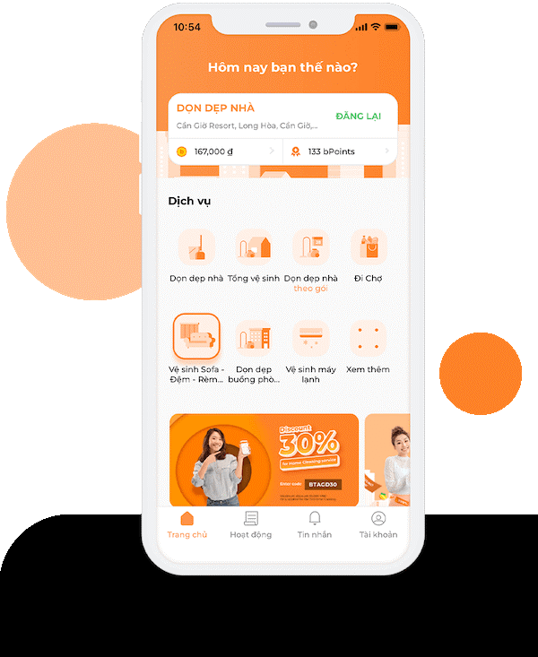 Điện thoại hiển thị ứng dụng dịch vụ dọn dẹp nhà.