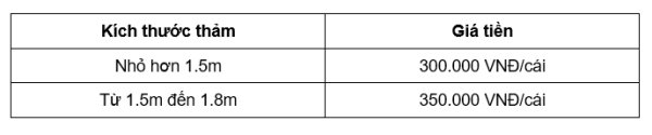 Bảng giá thảm với hai khoảng kích thước khác nhau: 