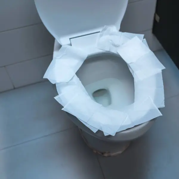 Bồn cầu được lót giấy vệ sinh.