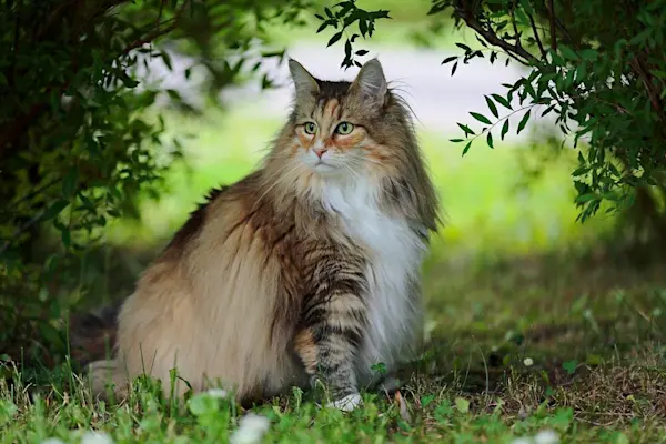 Sebuah kucing berbulu panjang dengan warna coklat dan putih sedang duduk di bawah semak-semak.