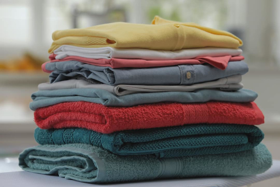 A stack of neatly folded laundry including shirts and towels.
