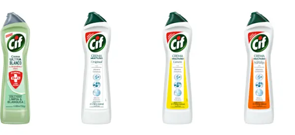 Cuatro botellas de limpiador en crema de la marca Cif, en variedades Ultra Blanco, Original, Limón y Natura.