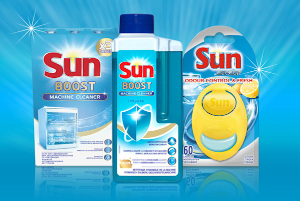 Produkte von "Sun" zur Reinigung von Waschmaschinen und zur Geschirrspülung.