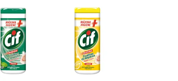 Dos envases de toallitas limpiadoras de la marca Cif, uno verde y otro amarillo.