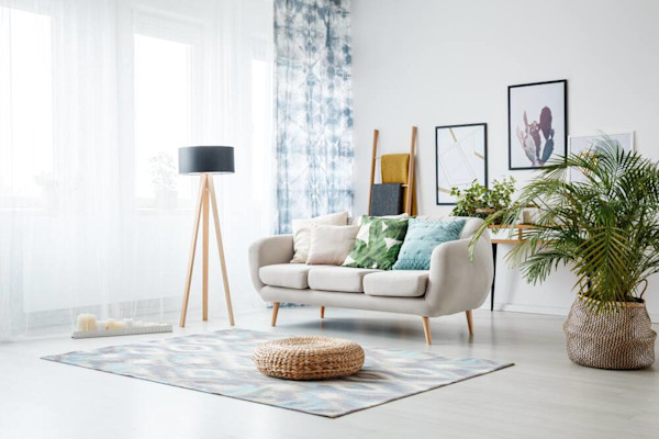 A tidy, well-lit living room with a couch, decorative pillows, a floor lamp, framed artwork on the wall, a woven pouf on a rug, and potted plants.