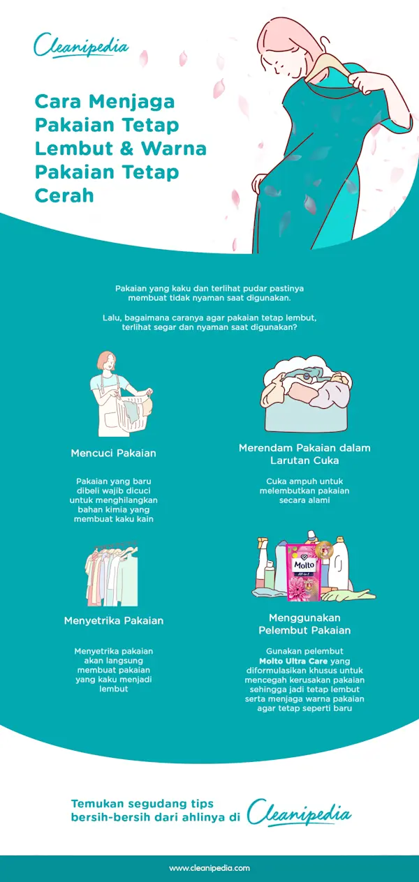 Infografis dengan ilustrasi dan tips tentang cara menjaga pakaian tetap lembut dan warna tetap cerah dari Cleanipedia.