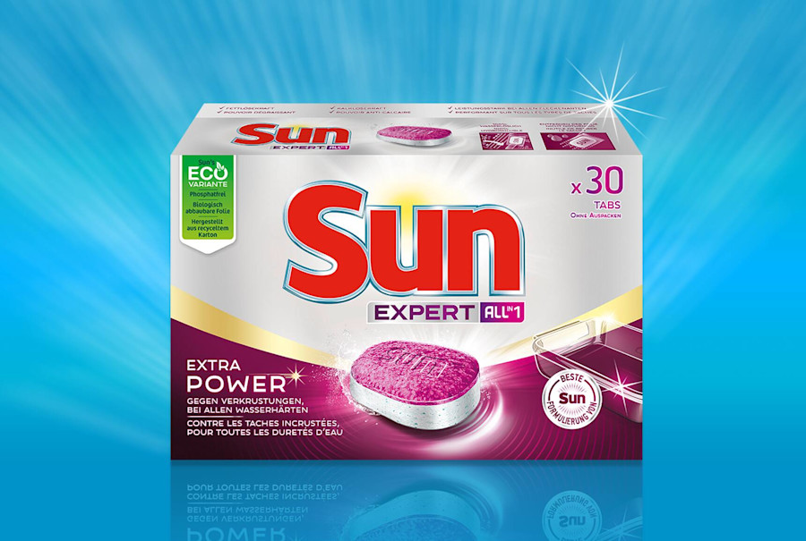 Eine Packung Sun Expert All-in-1 Geschirrspültabs.